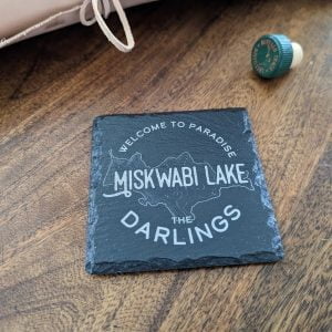 Premium Laser Engraved Slate Coaster with a lake name engraved onto it.