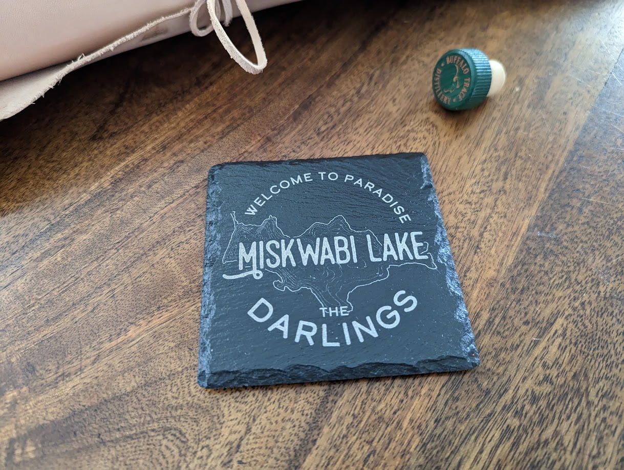 Premium Laser Engraved Slate Coaster with a lake name engraved onto it.