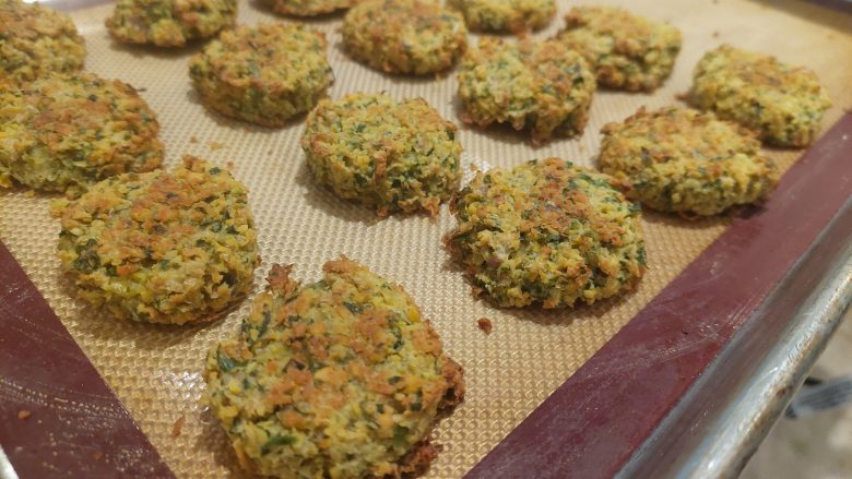 Baked Falafel on a silpat cookie sheet right out of the oven